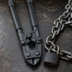 BoltMaster jaws staged beside a padlocked chain — the cut this kit answers