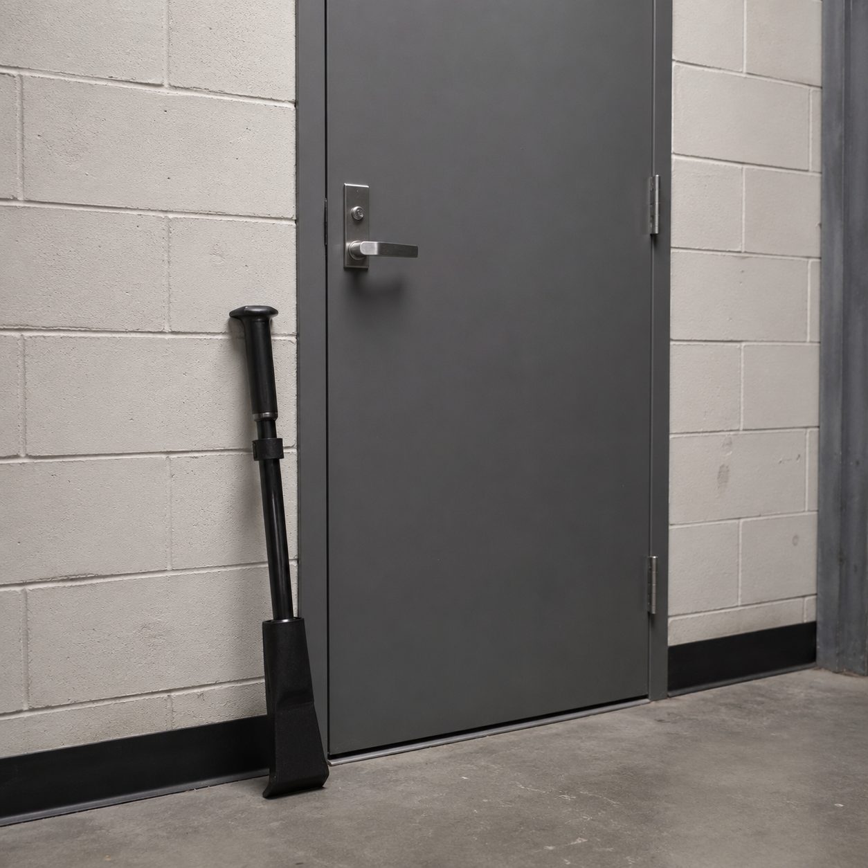 The outward-opening-door specialist staged beside a closed steel door