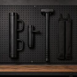 Entry Kit One staged on an armory pegboard: MonoShock Ram, Breacher, ThunderSledge, and the L.A. Rescue two-tool quiver