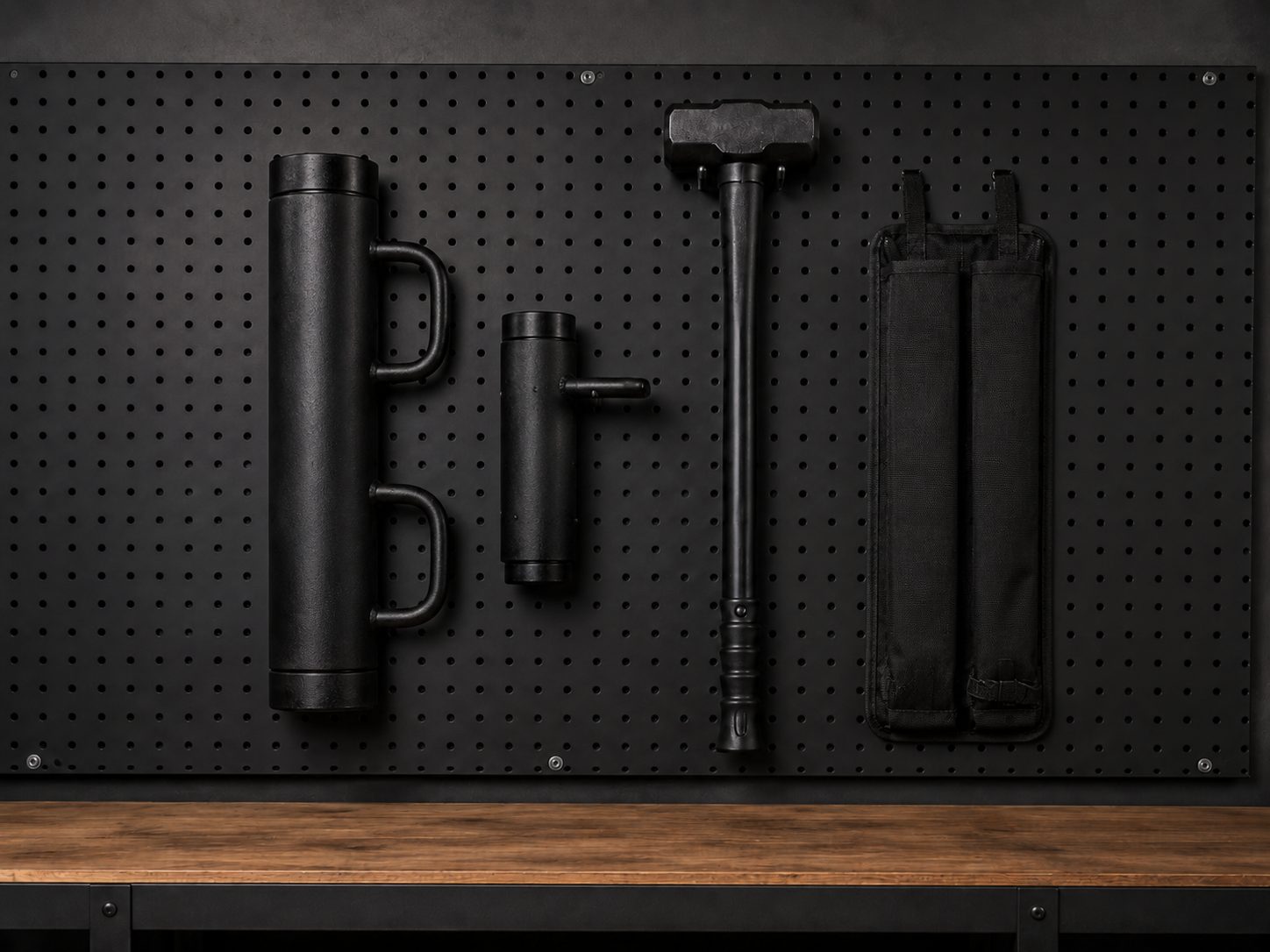 Entry Kit One staged on an armory pegboard: MonoShock Ram, Breacher, ThunderSledge, and the L.A. Rescue two-tool quiver