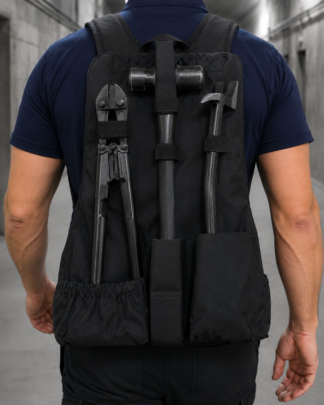 The kit on the move: L.A. Rescue entry pack carried through a training corridor with tools staged