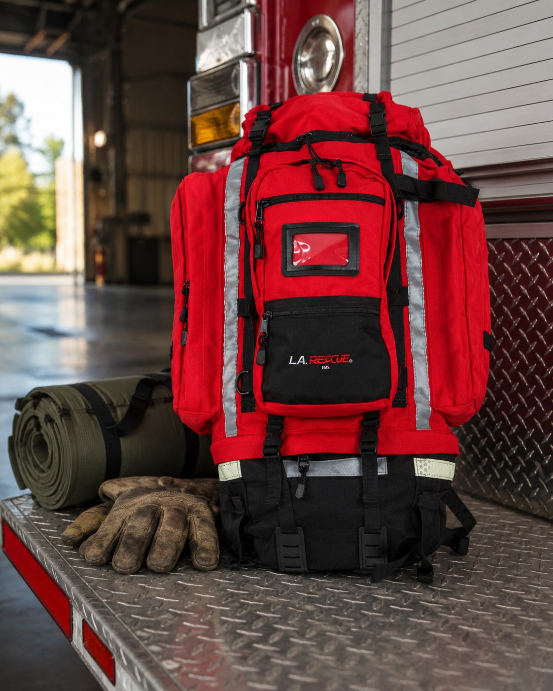 72 Hour Deployment Pack staged on the apparatus tailboard, packed for deployment