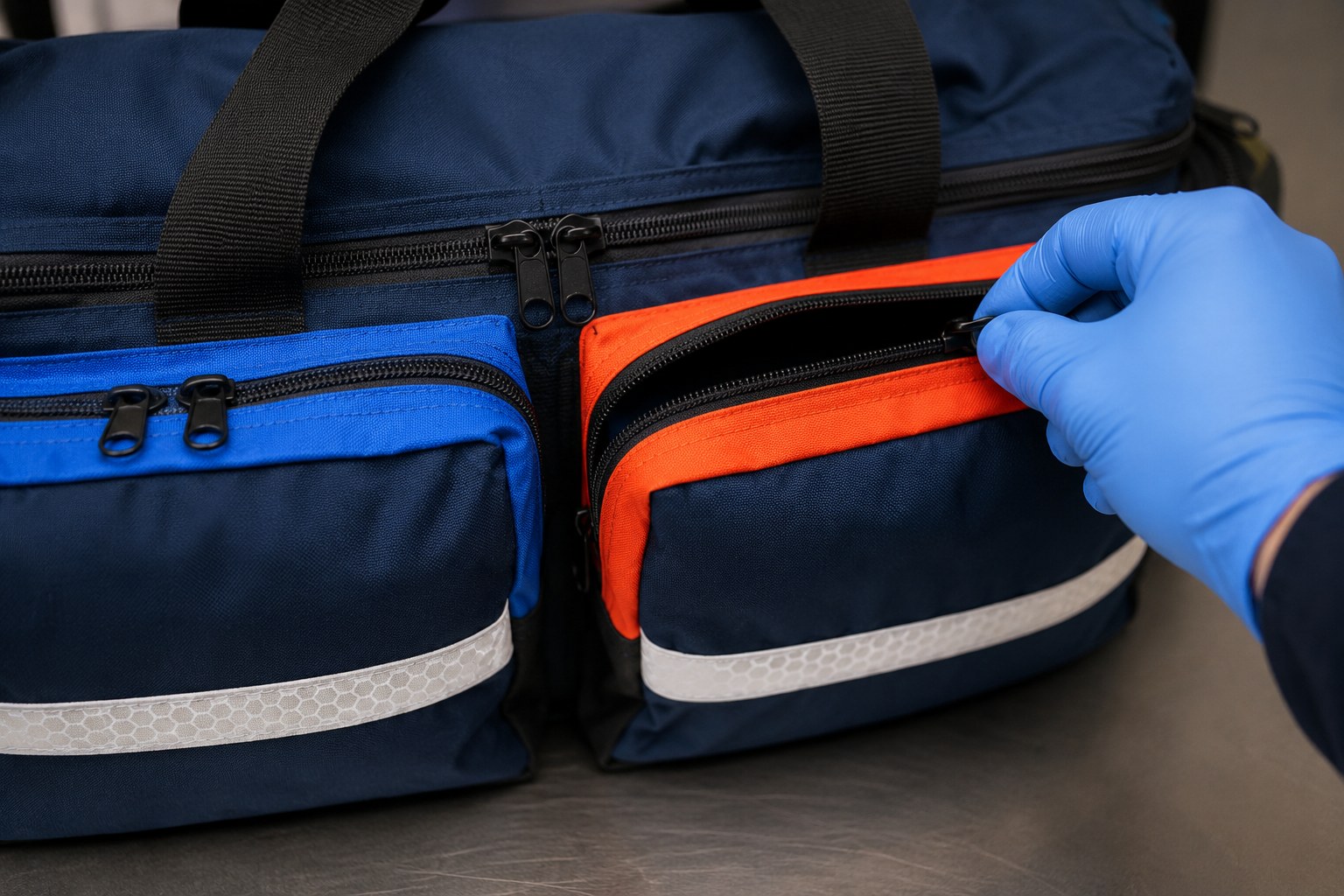 Color-coded pouches on the O2 To Go Pro Plus - the right supplies on the first grab