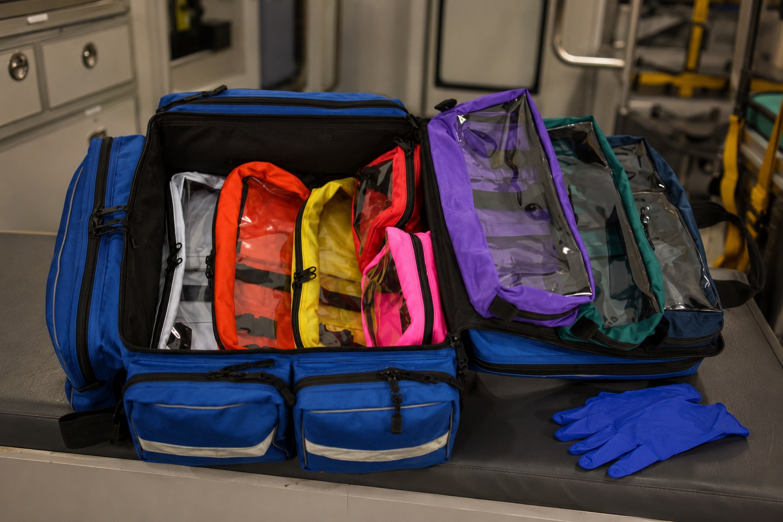 Pediatric ALS Attack Pack open on the ambulance bench - color-coded pouches staged by age band