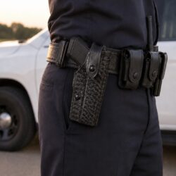 Safariland 6360 Level III duty holster worn on a basketweave duty belt beside a patrol vehicle