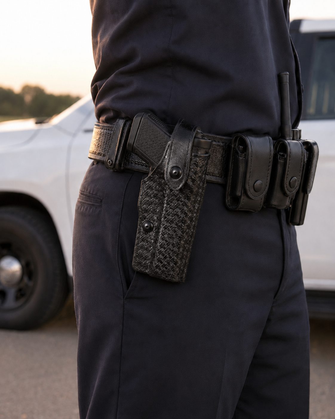 Safariland 6360 Level III duty holster worn on a basketweave duty belt beside a patrol vehicle