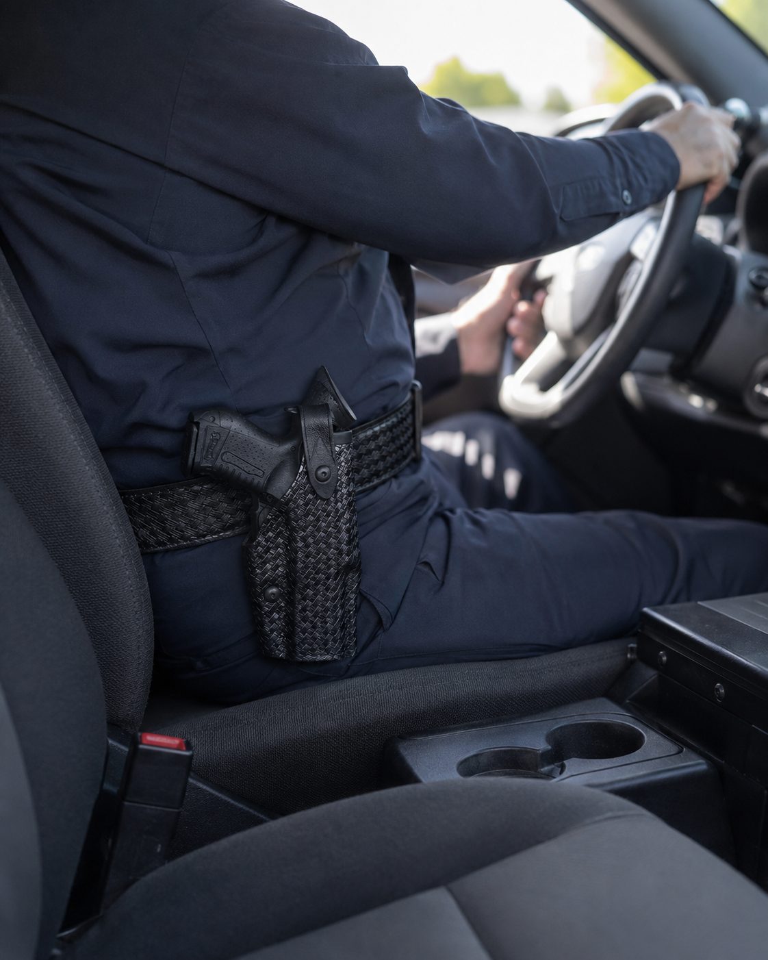 Safariland 6360 mid-ride holster clearing the seat and console inside a patrol vehicle