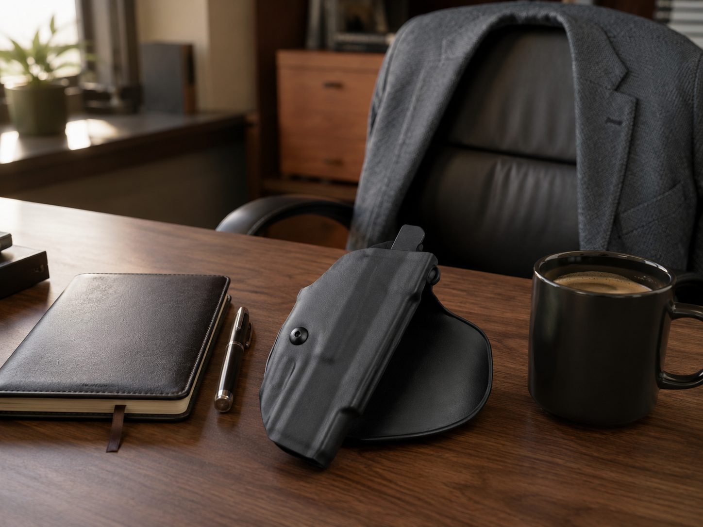 Safariland 6378 paddle holster on a desk at the start of a plainclothes workday