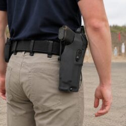 Safariland 6390RDS duty holster carrying a red-dot-equipped Glock 17 MOS at a qualification range