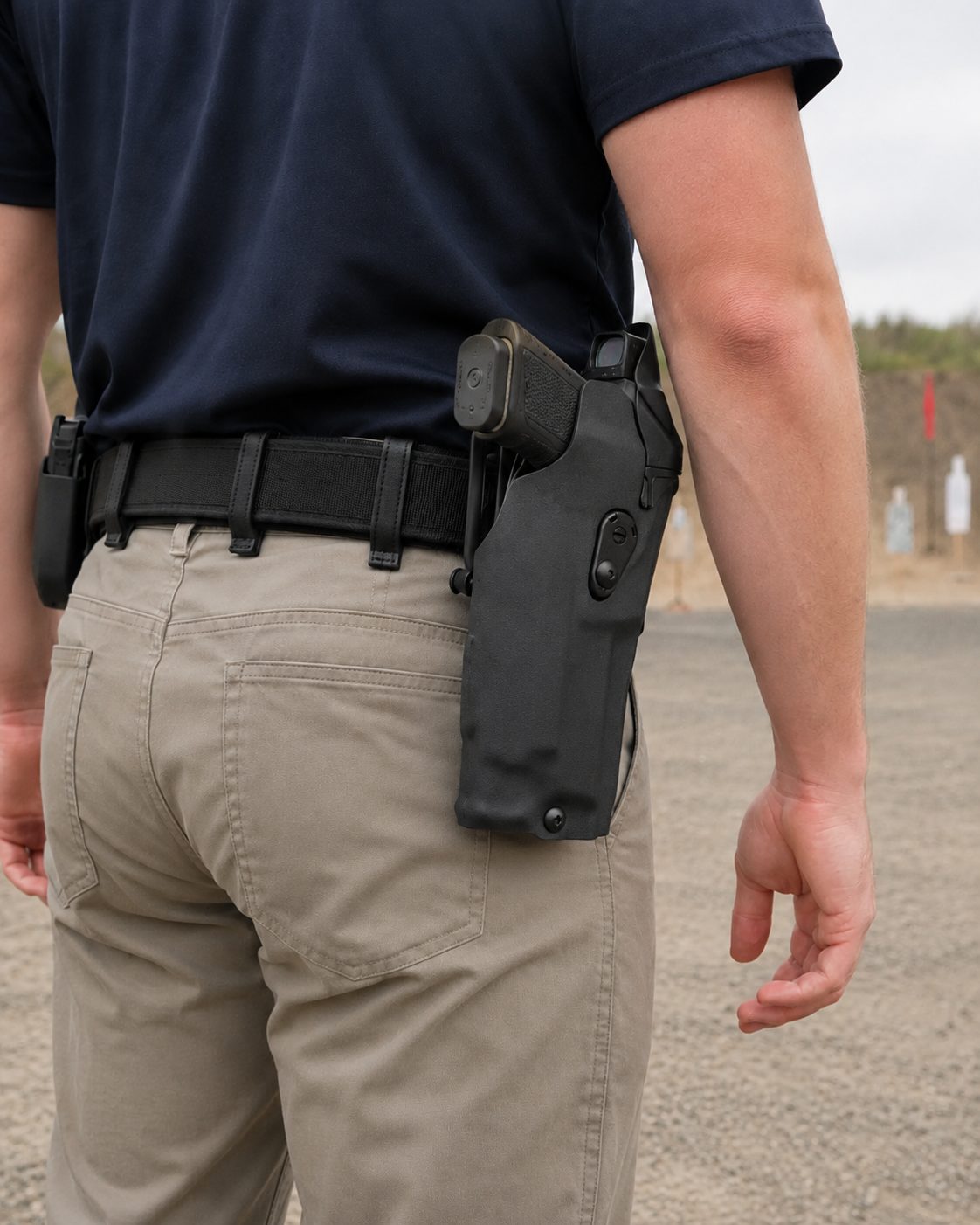 Safariland 6390RDS duty holster carrying a red-dot-equipped Glock 17 MOS at a qualification range