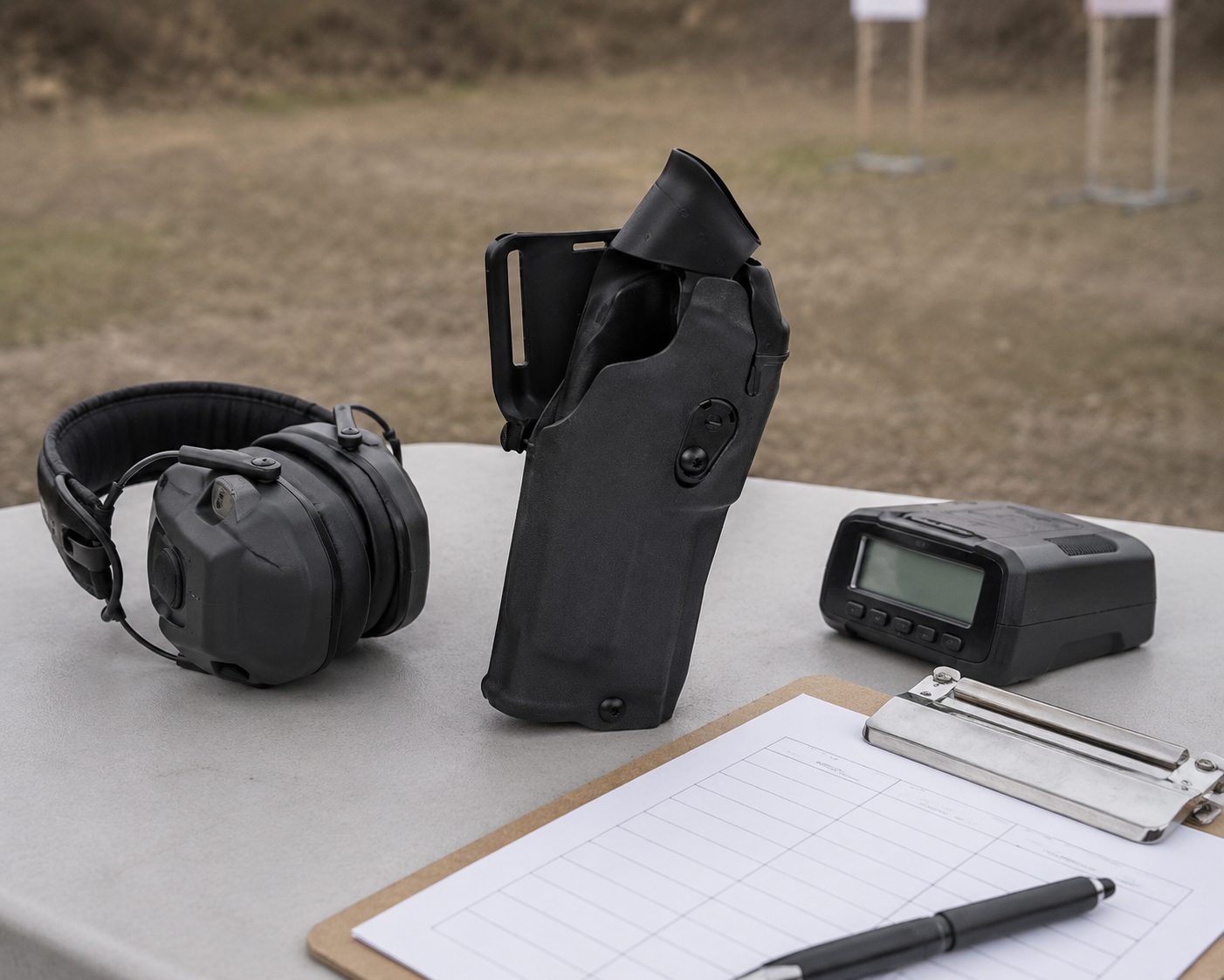 Empty Safariland 6390RDS holster on an instructor's table with shot timer and ear protection