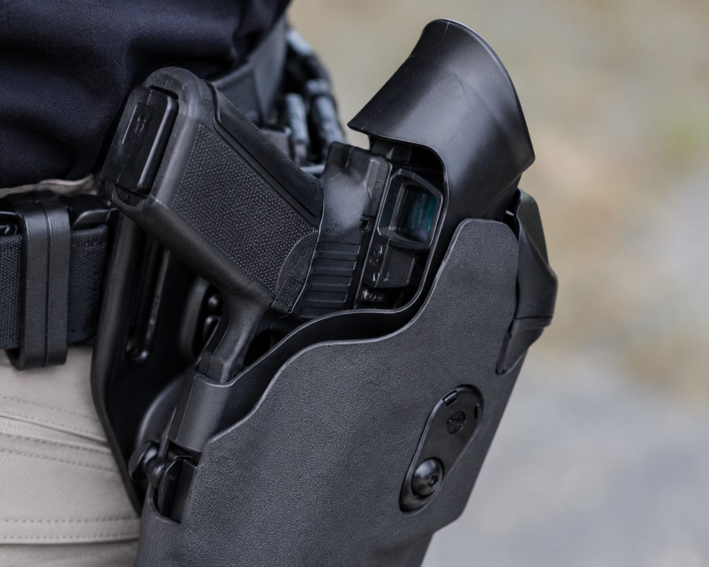 Close-up of the Safariland 6390RDS optic cut clearing a slide-mounted red dot