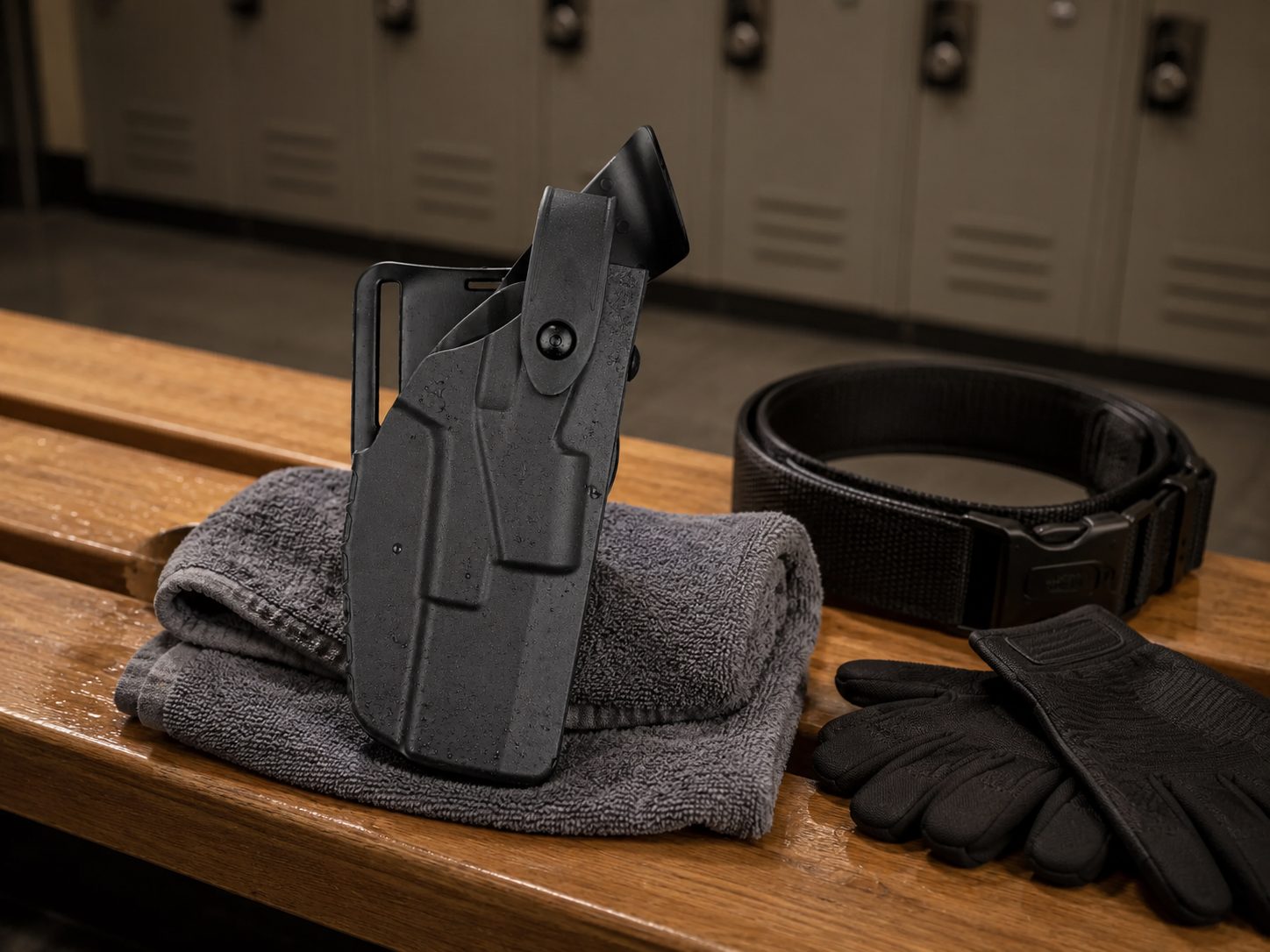 Safariland 7360 7TS holster drying on a locker bench after a wet shift