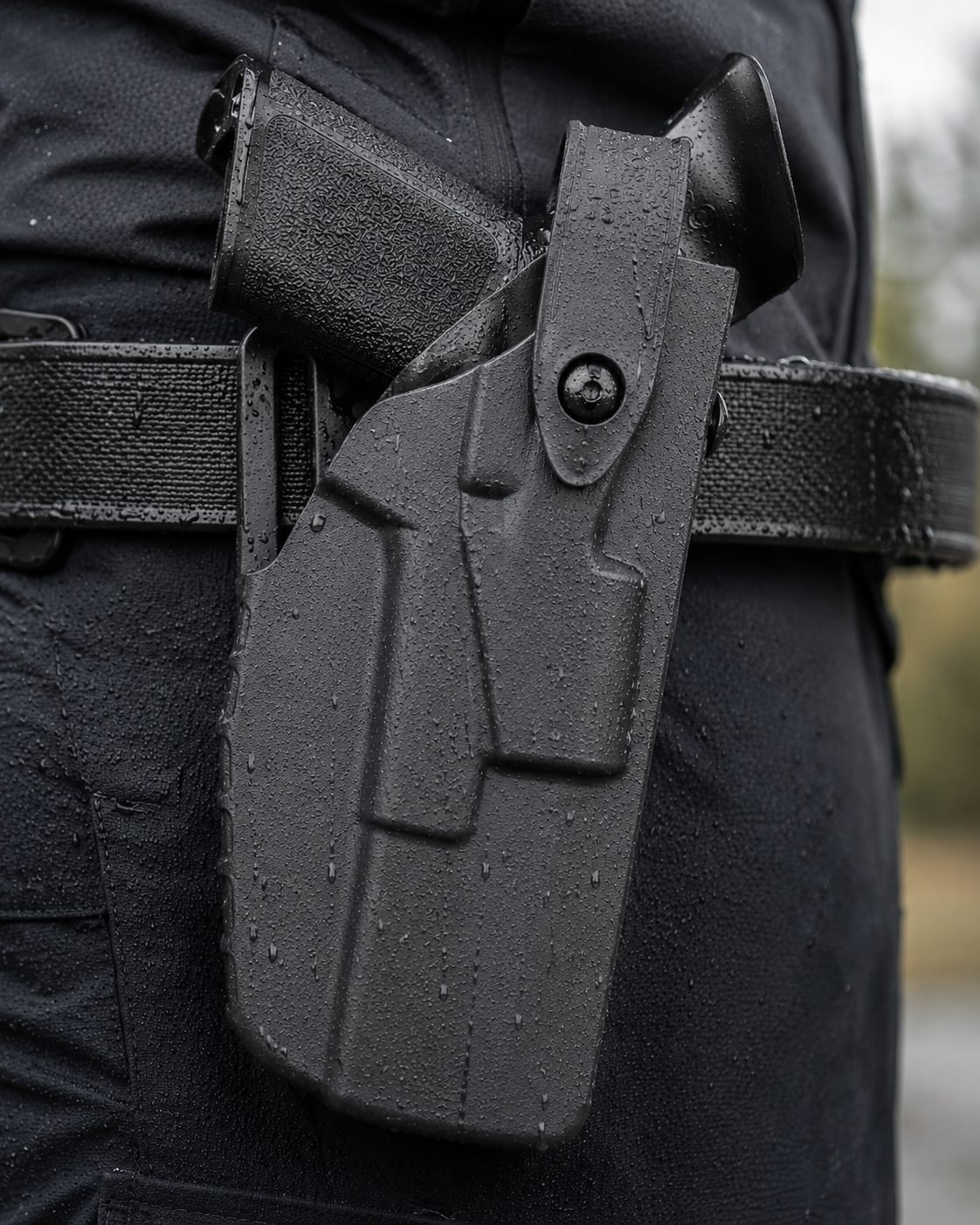 Rain beading on the SafariSeven polymer shell of a Safariland 7360 7TS duty holster