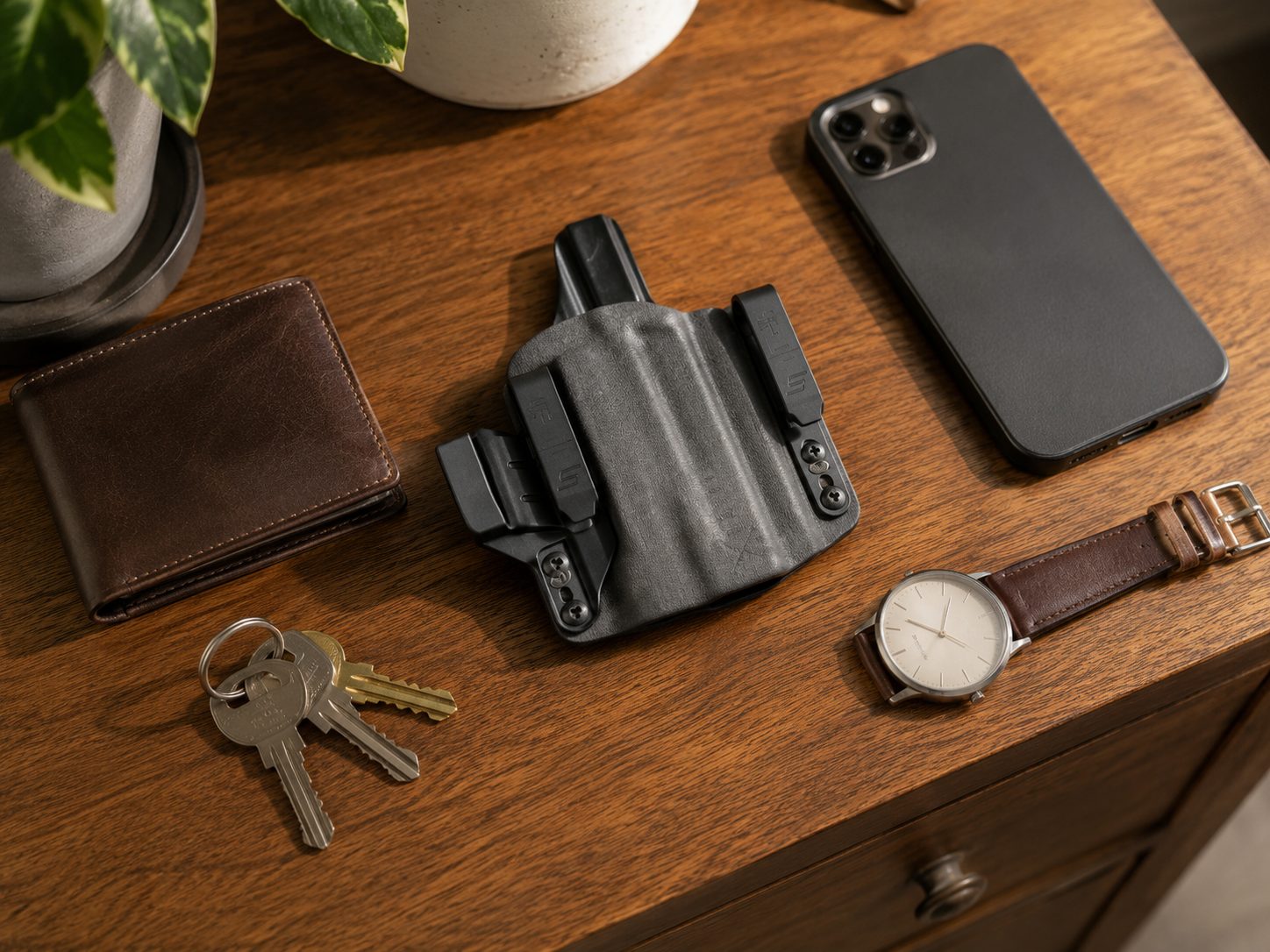 IncogX IWB holster laid out with everyday-carry items on a dresser