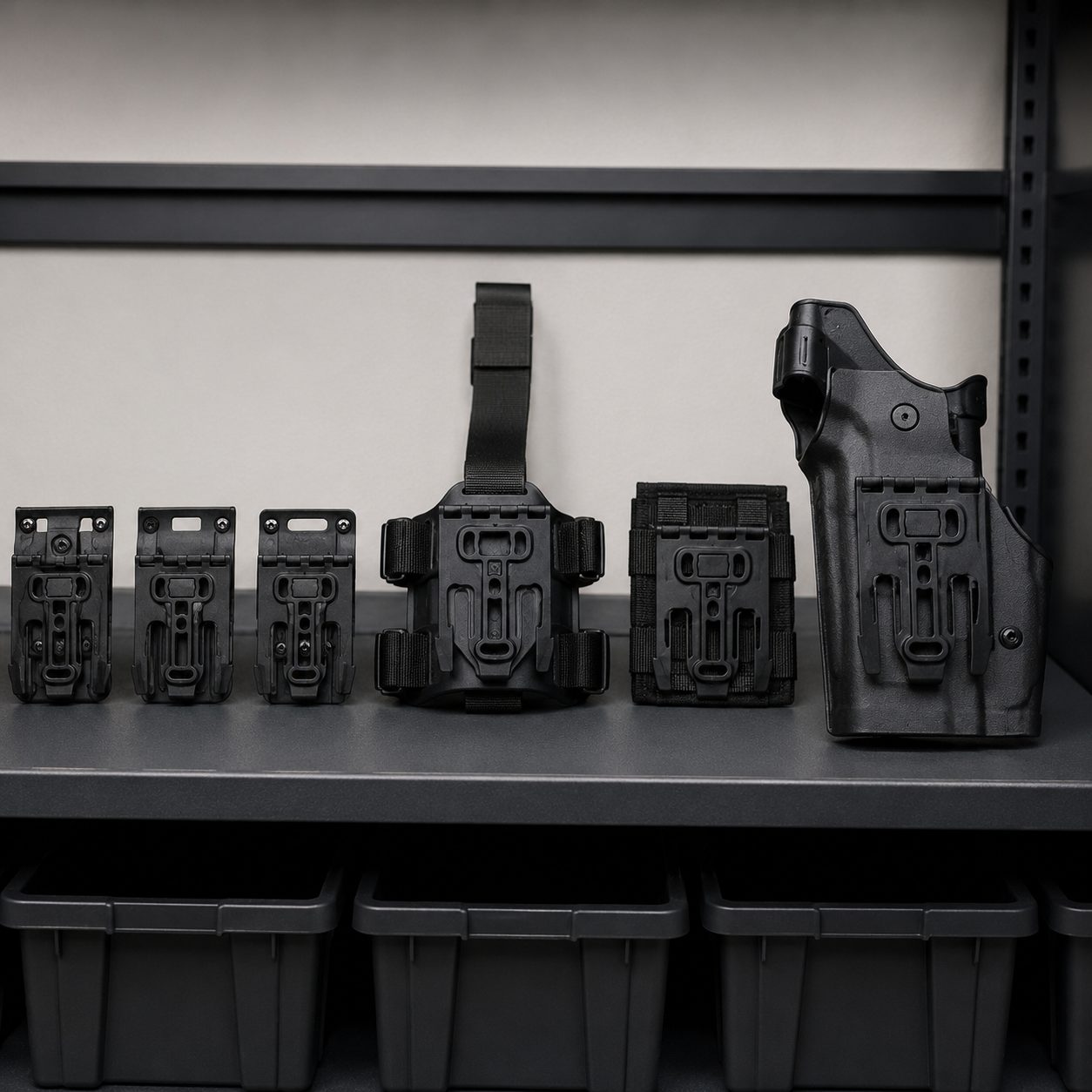 Agency equipment room with QLS receiver plates staged on belt, shroud, and MOLLE platforms
