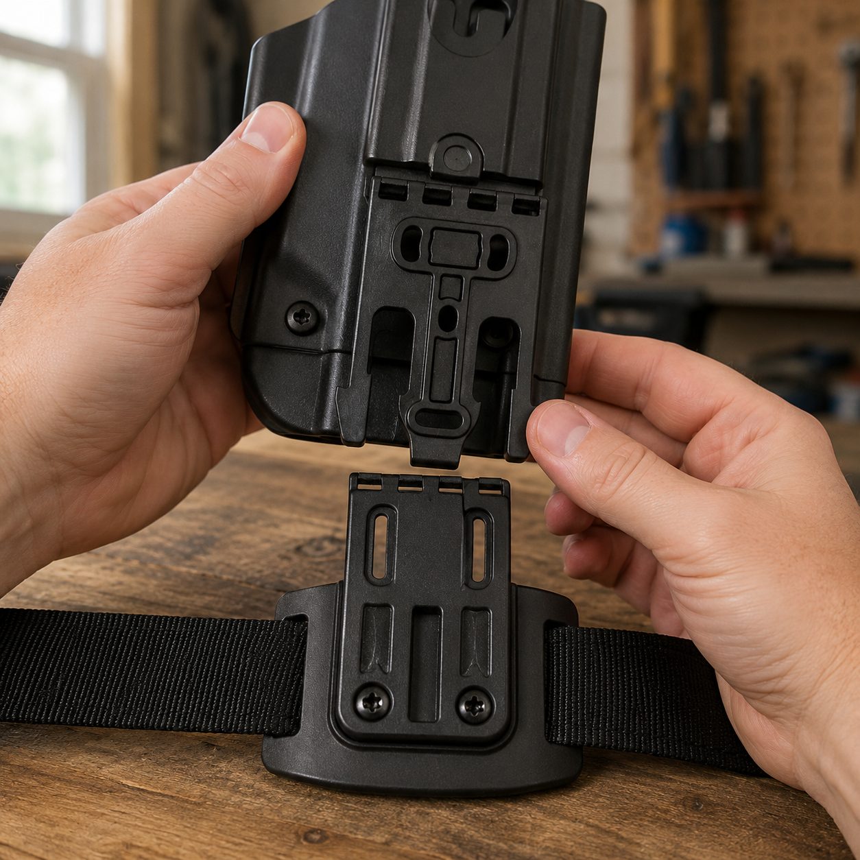 QLS 19 locking fork aligning with a QLS 22 receiver plate mid-swap