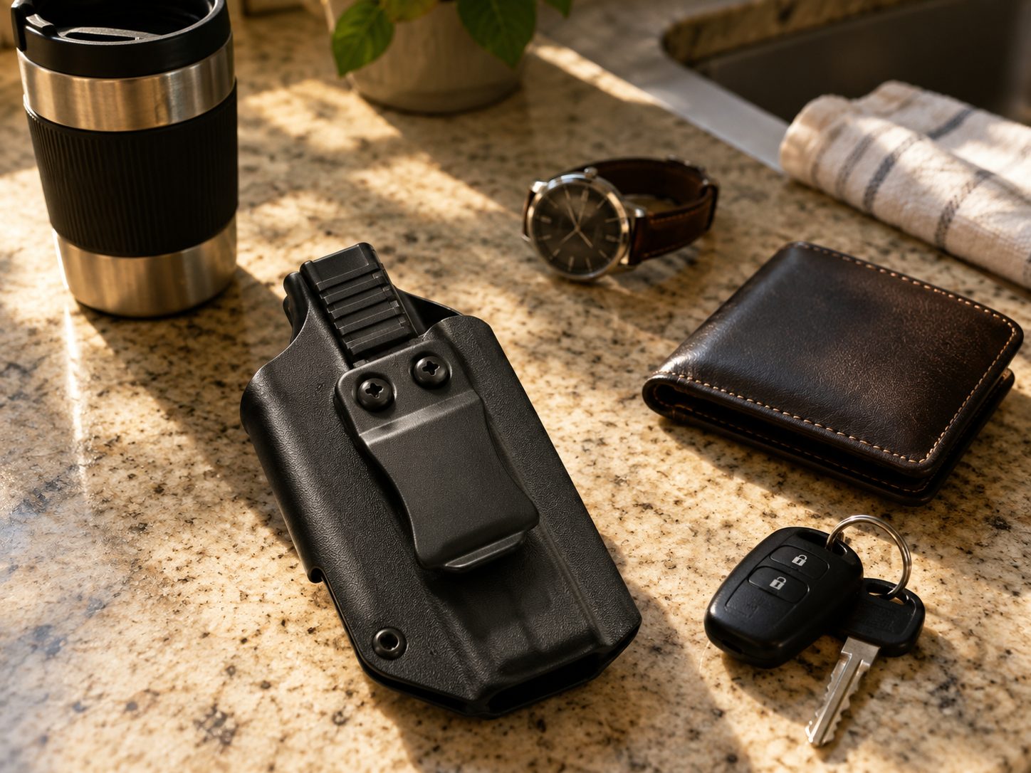 We The People IWB holster with keys, wallet, and watch — the morning carry ritual
