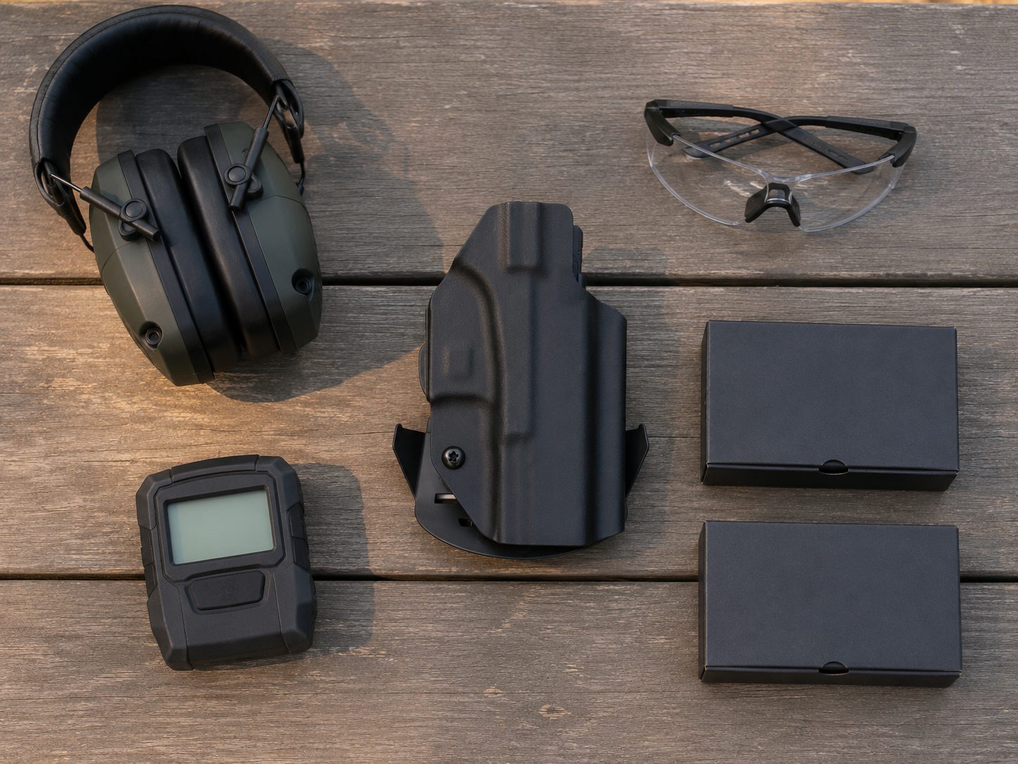 Range session flat-lay around the We The People OWB holster — ear pro, glasses, timer, ammo boxes